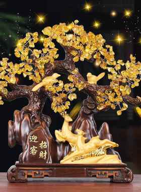 黄水晶发财树摇钱树招财对鹿摆件家居客厅酒柜装饰品乔迁新居礼品