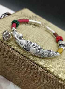 高档原创新品族风工绕线莲藕莲花9开99纯银饰品民手镯口莲蓬吊坠