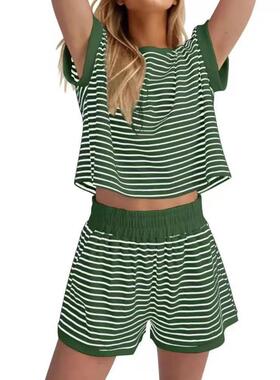Women's Striped Colorblock Short Sleeve Shorts Set