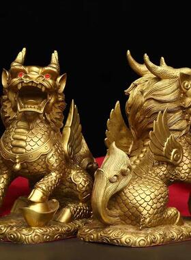 铜麒麟摆件一对纯铜财富麒麟踩八卦客厅办公室门口店铺装饰工艺品