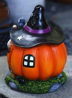 跨境万圣节女巫南瓜屋摆件花园夜光装饰节日礼物树脂工艺品