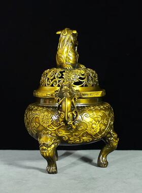 复古黄铜狻猊炉香薰摆件双耳三足摆件工艺品