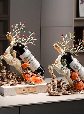 福鹿红酒酒架居摆件创意新中式客家厅柜装餐边柜葡萄酒架软装福禄