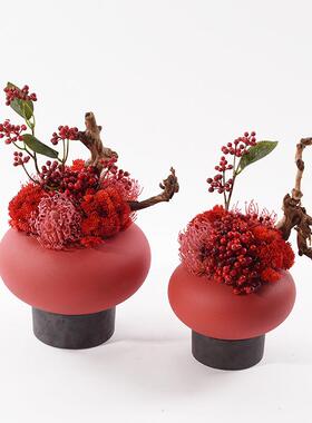 新中式样板房洽谈桌边几装饰品茶室玄关红色仿真花艺盆景喜庆摆件