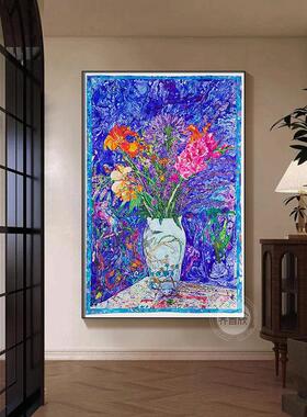 美式复古风抽象艺术花卉挂画竖版小众蓝色客厅沙发旁装饰画玄关画