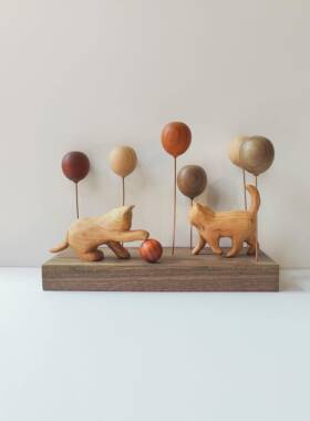 软萌治愈系 实木气球 朦胧猫木制手作氛围玄关车载装饰 桌面摆件