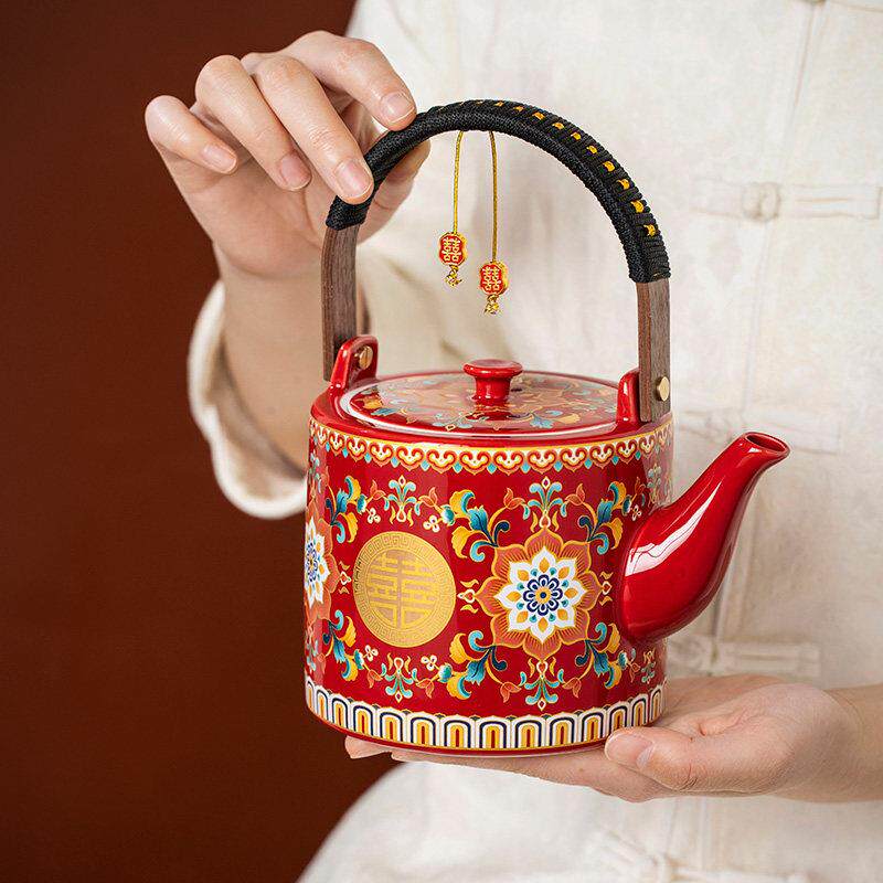 Enamel wedding tea set with lotus and happy characters. Newlyweds’ tea bowl, lid and kettle set. Wedding dowry festival