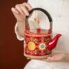 Enamel wedding tea set with lotus and happy characters. Newlyweds’ tea bowl, lid and kettle set. Wedding dowry festival