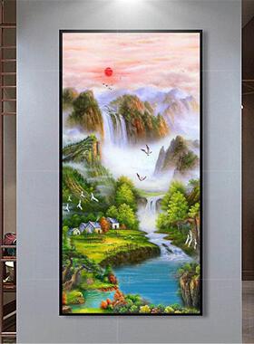日照金山装饰画入户玄关山水风景高级挂画聚宝盆风水大树小鹿壁画