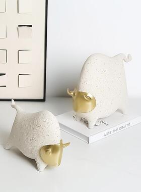 新中式现代砂岩抽象金角牛摆件样板房酒店茶几桌面装饰创意工艺品