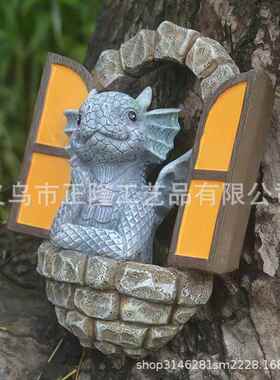 直销新款跨境新款小龙雕像门窗摆件卡通雕像花园家居装饰品挂件树