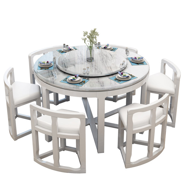 Marble round table solid wood dining table and chair combination storage dining table for household use without occupying space saving white six in one