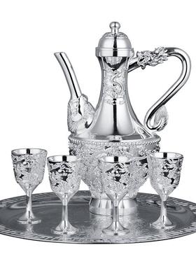 龙凤呈祥酒具六件套银酒壶银酒杯镀金酒具镀银酒具五件套皮盒套装
