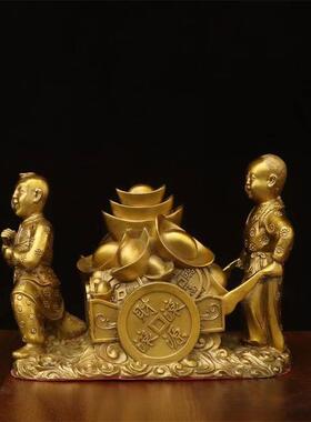 运财童子摆件铜挑财送财童子善财童子家居办公室桌面门店工艺品T