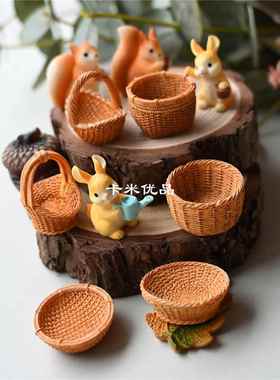 微景观创意仿真藤竹编篮子竹筐造景diy装饰品配件迷你微缩小摆件