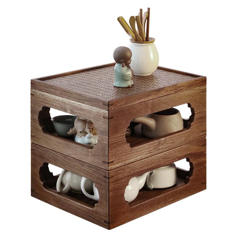 Yili solid wood Kung Fu tea set storage box dustproof tea tray purple clay pot storage rack teapot tea cup multifunction rack