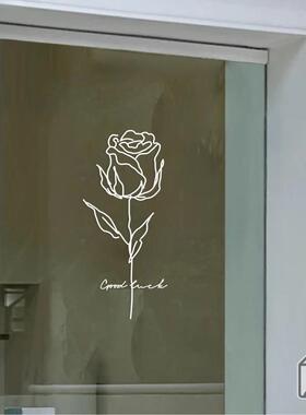 柒页 抽象线条玫瑰图案 ins风鲜花店橱窗玻璃门贴纸 卧室墙面装饰