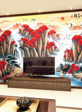 3d立体招财山水墙贴中式浮雕客厅电视背景壁画8d办公室风景画壁纸