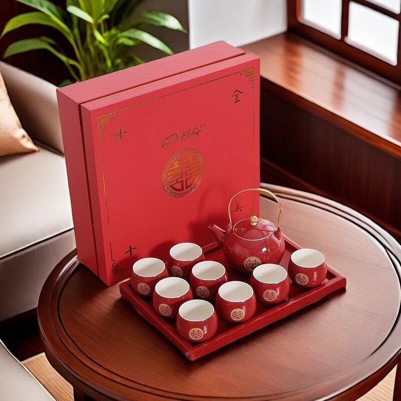 Wedding celebration tea cup Chinese style engagement supplies red bride dowry tray teapot tea set