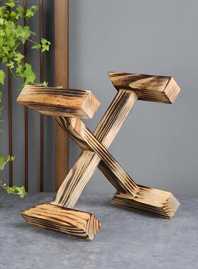 陶瓷鱼缸实木底座鱼缸装饰十字木框架圆形古鱼缸支架陶瓷鱼缸专用