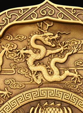 纯铜九龙盘摆件浮雕龙纹盘子家居办公室中式供盘果盘九龙壁铜盘子