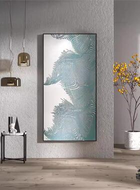 新中式客厅装饰画湖蓝色抽象线条肌理卧室入户玄关壁画竖版挂画