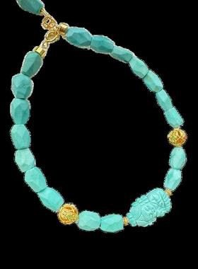 天然原矿高瓷绿松石随行无相珠手链 瓷花仙子单圈手串7×5mm左右