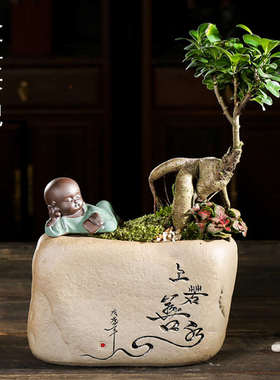 哥窑花宠花盆桌面禅意迷你小摆件陶瓷小和尚微景观盆景造景装饰品