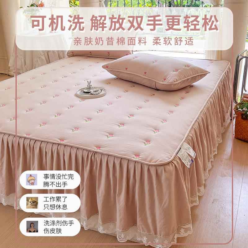 2025新款水洗棉夹棉花边床笠床裙二合一加厚床罩席梦思床垫保护套-图1
