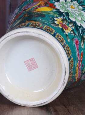 景德镇陶瓷花瓶 绿色花鸟牡丹珐琅彩大号鱼尾瓶复古陶瓷家居装饰