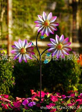 跨境金色一朵两朵三朵花风转 铁艺工艺品旋转风车户外创意花园