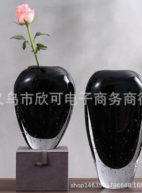 创意简约黑色琉璃工艺摆件透明玻璃花软装样板间桌面玄关装饰品