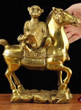 日本进口纯黄铜大号马上封侯铜猴摆件官印马一品当朝家居装饰工艺
