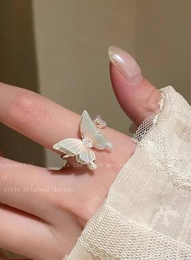 彩色蝴蝶锆石开口戒指女冷淡风小众设计食指戒轻奢高级感指环