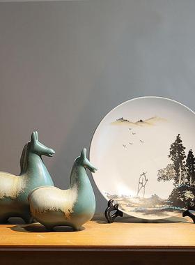 新中式国画山水装饰盘景德镇陶瓷摆件家居客厅博古架电视柜工艺品