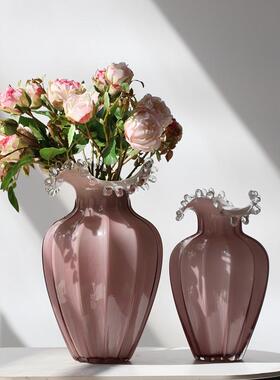 ins水滴浪花瓶口高级粉立体条纹花瓶手工制作台面花插家居装饰样