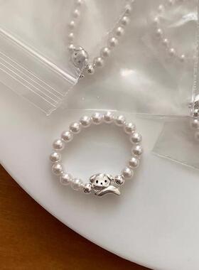 萌趣小狗珍珠弹力绳戒指女小众设计感可爱时尚百搭指环戒子