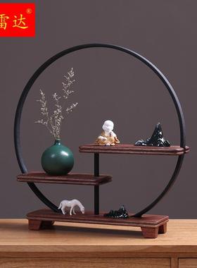 禅意实木置物架摆件创意桌面饰品茶几铁艺方格子中式博古架工艺品