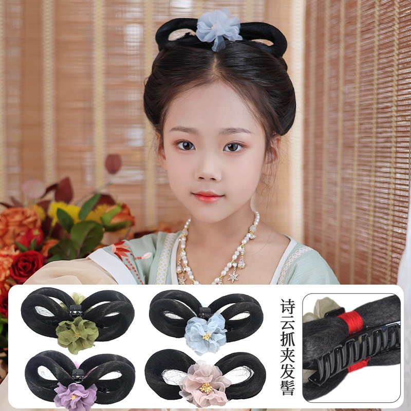 儿童汉服头饰头花古装舞台演出女童抓夹假发古风花朵盘发发髻发饰,淘宝优惠券,粉丝福利购,淘宝优惠卷