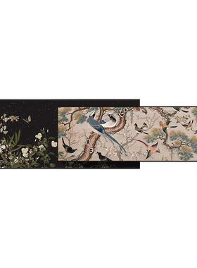 花鸟图中古风客厅装饰画双层叠加沙发背景墙挂画法式复古黑色壁画