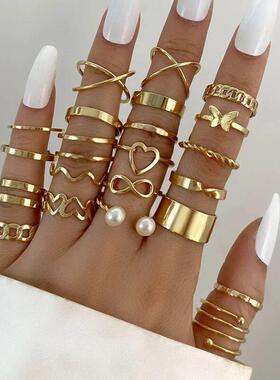 Boho Zircon Butterfly Rings Set Women Charms Gold Color Crys