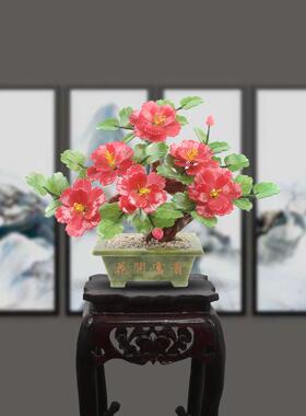 高档玉石牡丹花工艺品厅家居客饰品酒柜玄关装玉雕装新中式饰盆景