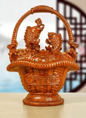 财有余花篮金鱼黑檀花梨木雕刻摆件实木家富居客厅装饰摆设工艺品