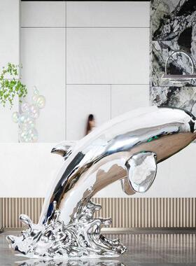 酒店大堂落地海豚雕塑艺术品售楼处别墅展厅玻璃钢电镀软装置摆件