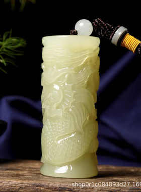 冰种阿富汗玉龙柱手把件男士盘龙柱辈辈福青白玉手玩件把玩件把玩