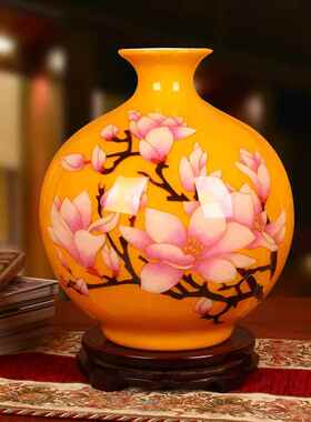 高档景德镇瓷器金丝麦秆陶黄色喜上眉梢花瓶中式书 房工艺品 摆件