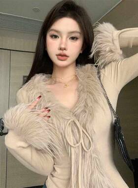 Women's Autumn Winter French Faux Fur Tie Fitted Long Sleeve