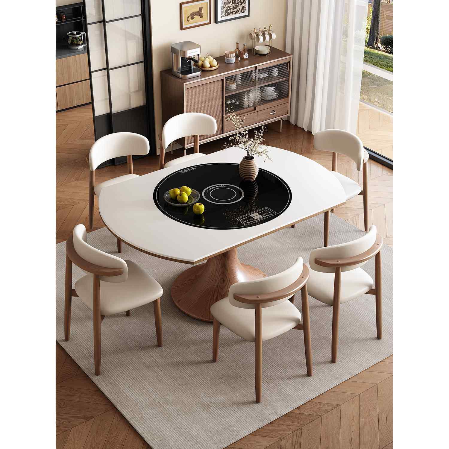 高端实木岩板伸缩折叠内嵌电磁炉餐桌椅家用小户型方圆两用大圆桌,淘宝优惠券,粉丝福利购,淘宝优惠卷