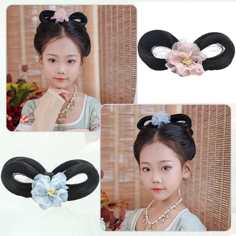 儿童汉服头饰头花古装舞台演出女童抓夹假发古风花朵盘发发髻发饰,淘宝优惠券,粉丝福利购,淘宝优惠卷
