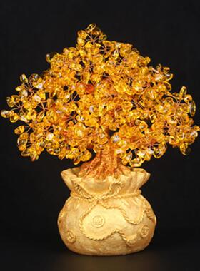 名旺水晶树黄水晶招财树酒柜家居办办桌面装饰品大布袋工艺摆件